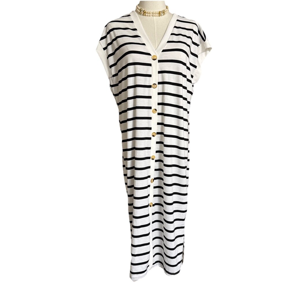 Women’s White Black Striped Button Up Front Cap Sleeve Casual Modern Dress Sz XL